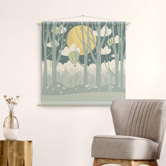 textile wall hangings Moon With Trees And Houses