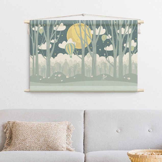 extra large tapestry wall hangings Moon With Trees And Houses