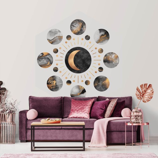 Self-adhesive hexagonal pattern wallpaper - Moon Phases Abstract Gold