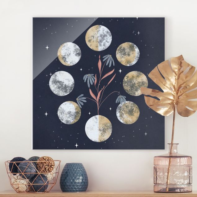 Magnettafel Glas Moon Phases and daisies