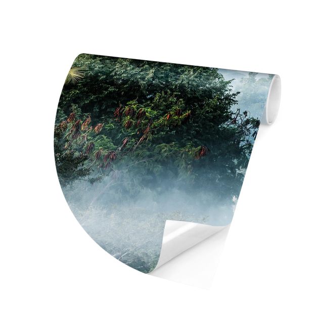 Self-adhesive round wallpaper - Morning Fog Over The Jungle Of Bagan