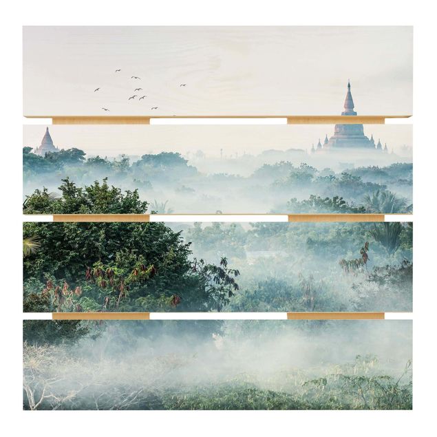 Print on wood - Morning Fog Over The Jungle Of Bagan