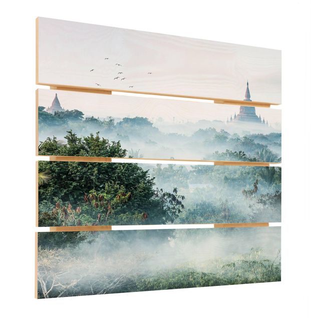 Print on wood - Morning Fog Over The Jungle Of Bagan
