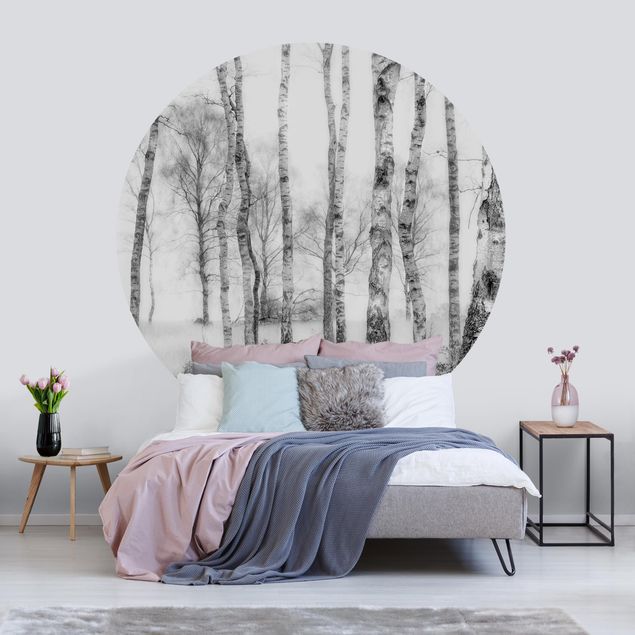 Self-adhesive round wallpaper forest - Mystic Birch Forest Black And White
