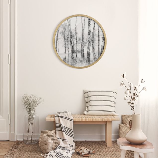 Circular framed print - Mystic Birch Forest Black And White