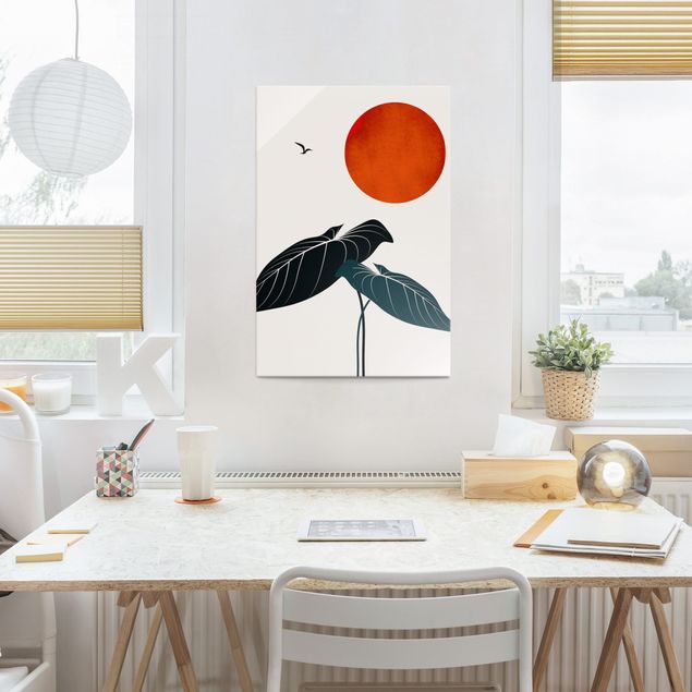 Glass print - Dream At Night - Plant And Red Sun