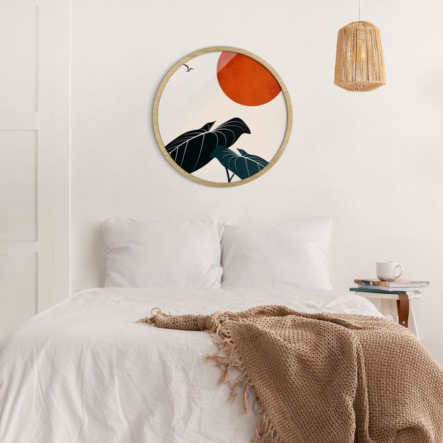 Circular framed print - Dream At Night - Plant And Red Sun