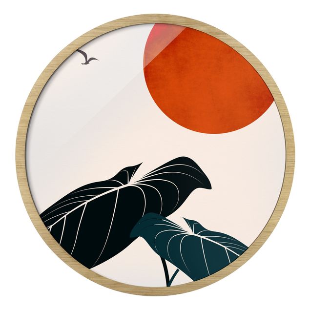 Circular framed print - Dream At Night - Plant And Red Sun
