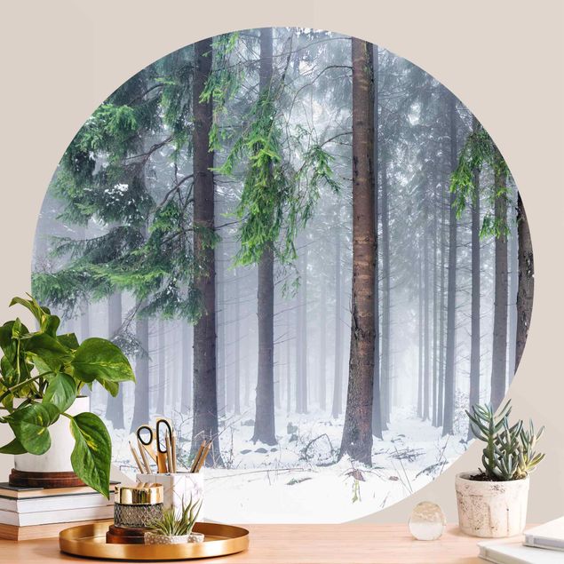 Self-adhesive round wallpaper - Conifers In Winter
