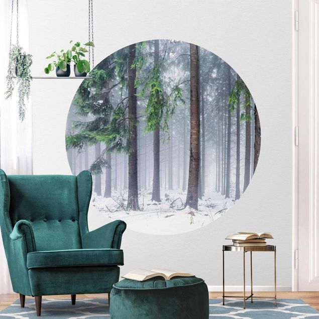 Self-adhesive round wallpaper - Conifers In Winter