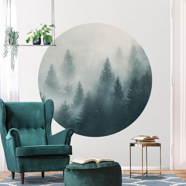Self-adhesive round wallpaper forest - Coniferous Forest In Fog
