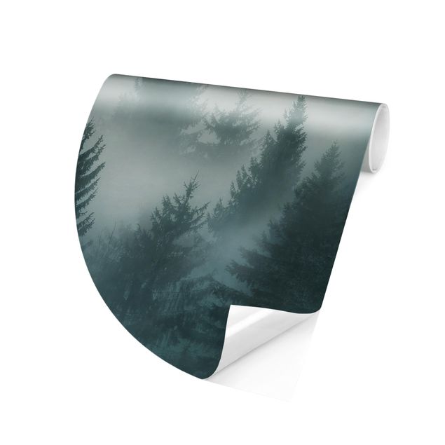 Self-adhesive round wallpaper forest - Coniferous Forest In Fog