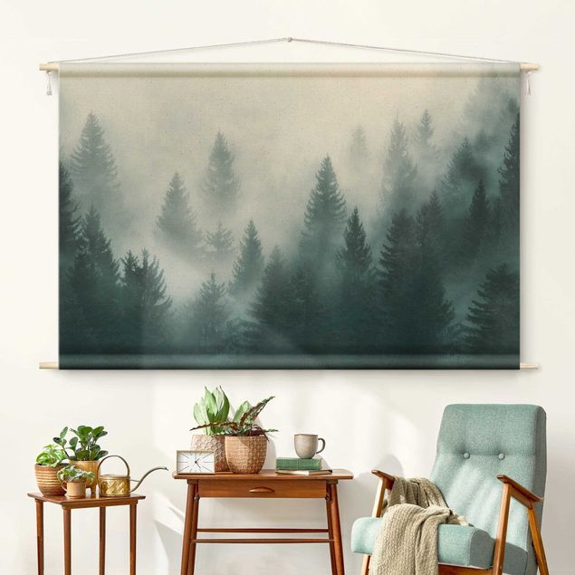 modern tapestry wall hanging Coniferous Forest In Fog