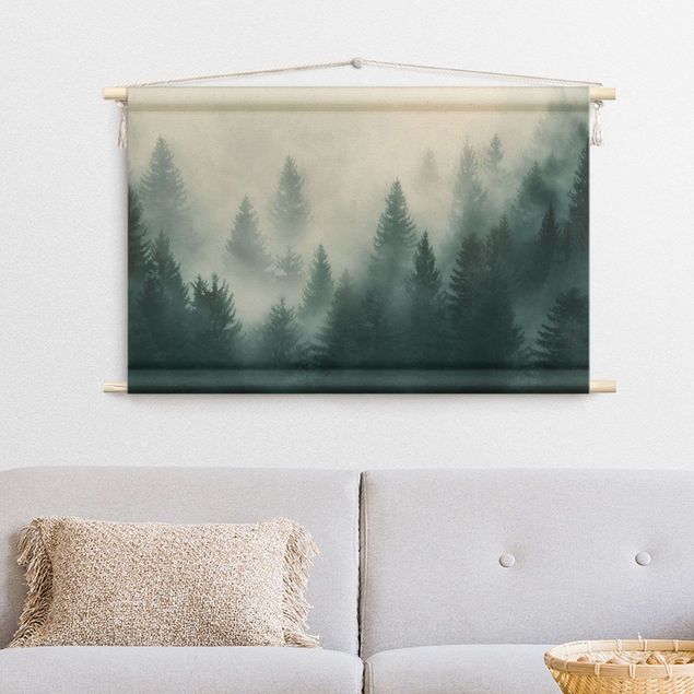 extra large wall tapestry Coniferous Forest In Fog