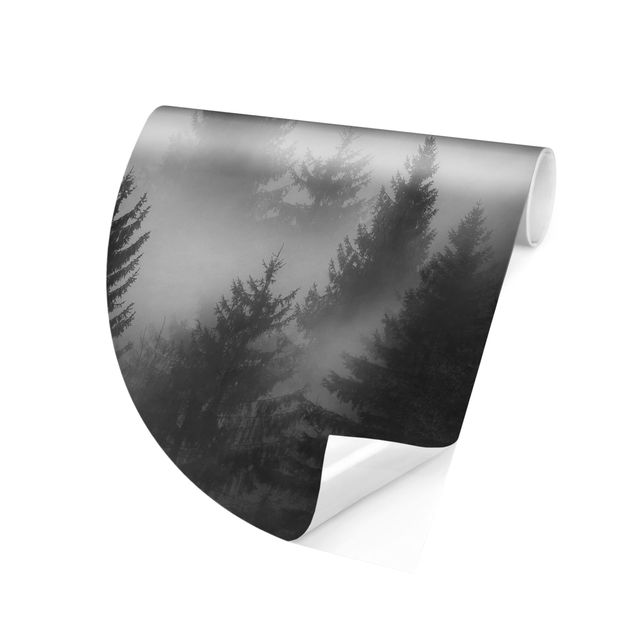 Self-adhesive round wallpaper forest - Coniferous Forest In The Fog Black And White