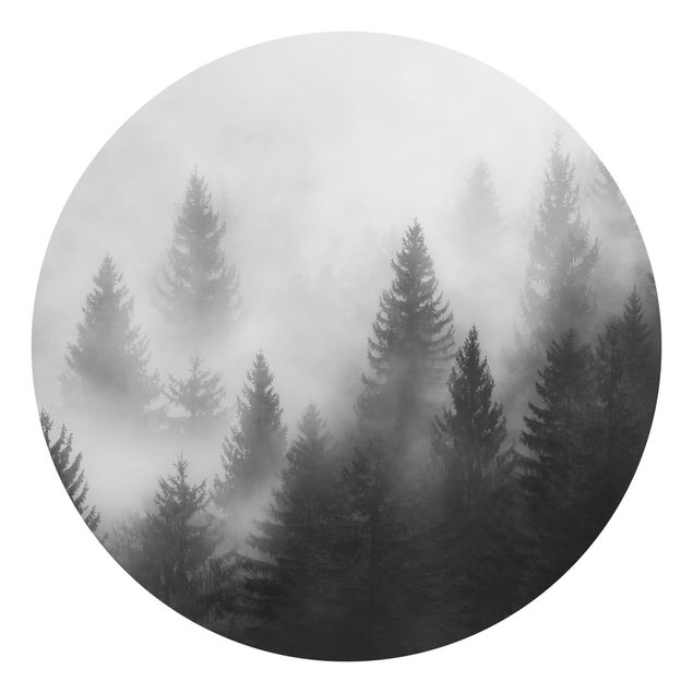 Self-adhesive round wallpaper forest - Coniferous Forest In The Fog Black And White