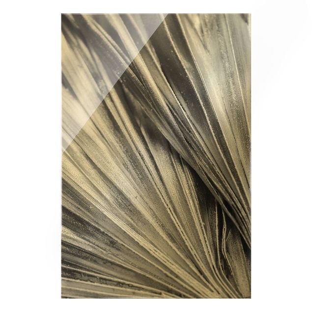 Glass print - Close-Up Palm Leaves Silver - Portrait format