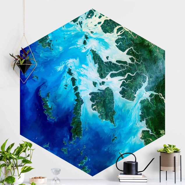 Hexagonal wall mural NASA Picture Archipelago Southeast Asia