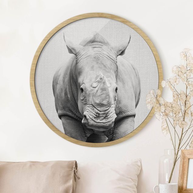 Framed prints round Rhinoceros Nora Black And White