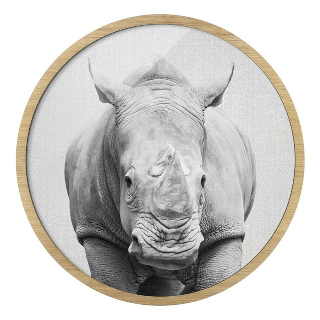 Circular framed print - Rhinoceros Nora Black And White