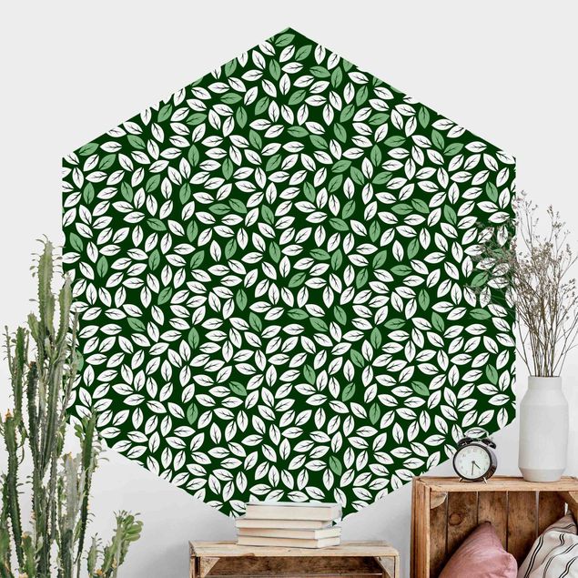 Hexagonal wall mural Natural Pattern Rain Of Leaves In Green