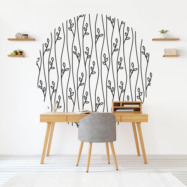 Self-adhesive round wallpaper - Natural Pattern Plant Lines In Black
