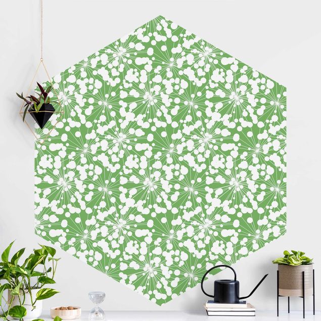 Hexagonal wall mural Natural Pattern Dandelion With Dots In Front Of Green