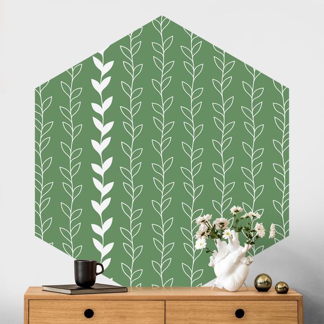 Hexagonal wall mural Natural Pattern Tendril Lines On Green