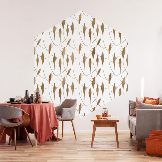 Self-adhesive hexagonal pattern wallpaper - Natural Pattern Sweeping Leaves In Gold