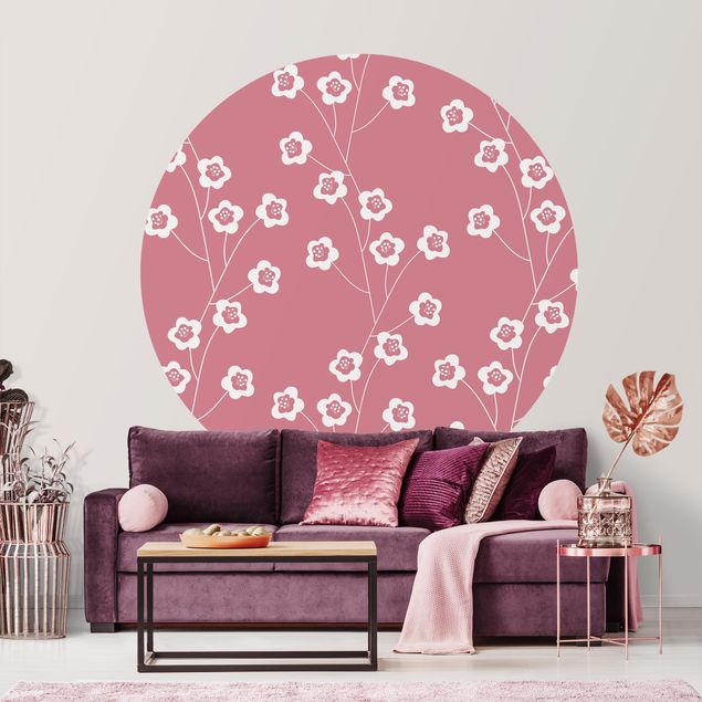 Self-adhesive round wallpaper - Natural Pattern Delicate Flowers In Front Of Pink