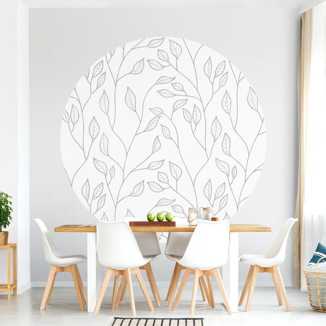 Self-adhesive round wallpaper - Natural Pattern Branches With Leaves In Grey