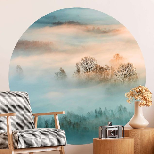 Self-adhesive round wallpaper forest - Fog At Sunrise