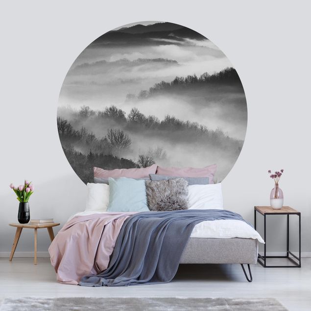 Self-adhesive round wallpaper forest - Fog At Sunset Black And White