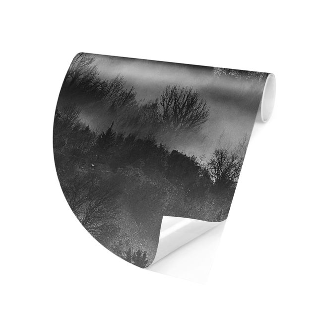 Self-adhesive round wallpaper forest - Fog At Sunset Black And White