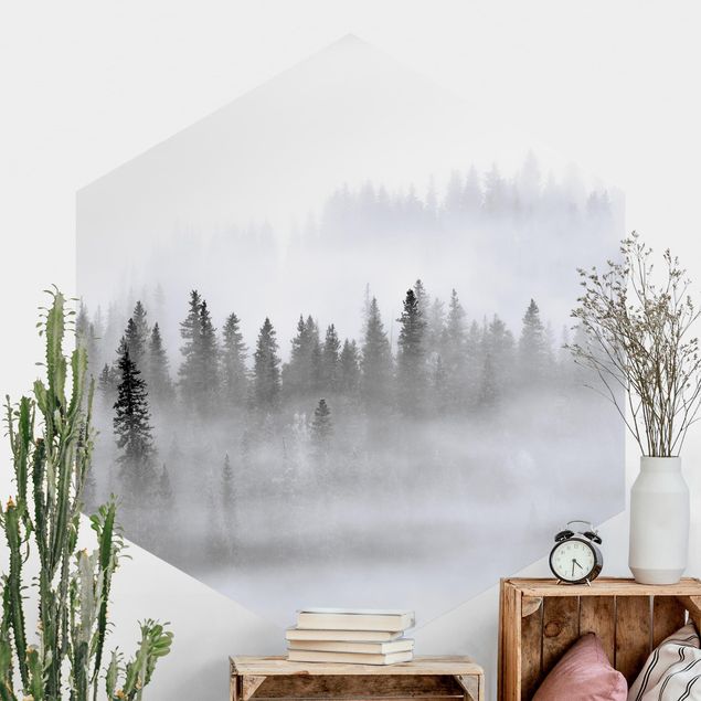 Hexagonal wall mural Fog In The Fir Forest Black And White