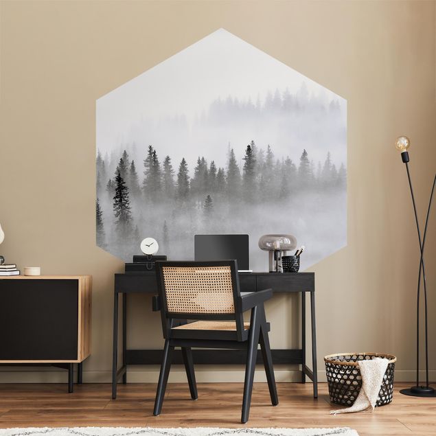 Self-adhesive hexagonal pattern wallpaper - Fog In The Fir Forest Black And White