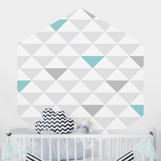 Hexagonal wallpapers No.YK64 Triangles Gray White Turquoise