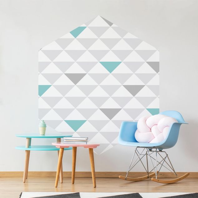 Self-adhesive hexagonal pattern wallpaper - No.YK64 Triangles Gray White Turquoise