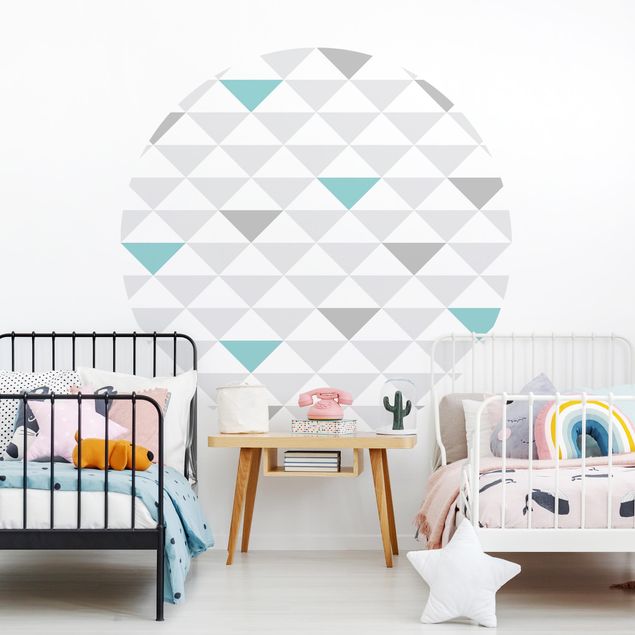 Self-adhesive round wallpaper kids - No.YK64 Triangles Grey White Turquoise