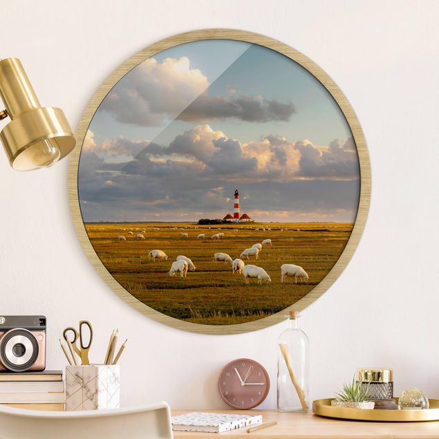 Framed prints round North Sea Lighthouse With Flock Of Sheep
