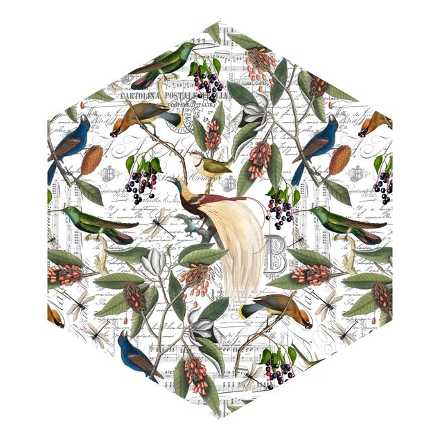 Self-adhesive hexagonal pattern wallpaper - Nostalgic Berry Blues With Birds of Paradise