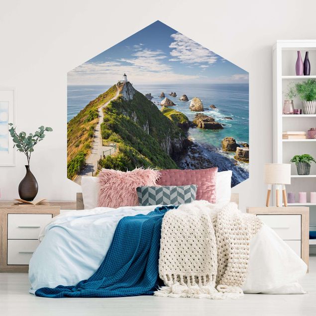 Self-adhesive hexagonal pattern wallpaper - Nugget Point Lighthouse And Sea New Zealand
