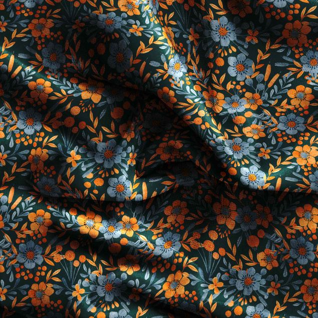 Patterned curtains Orange Blue Flowers On Dark Teal