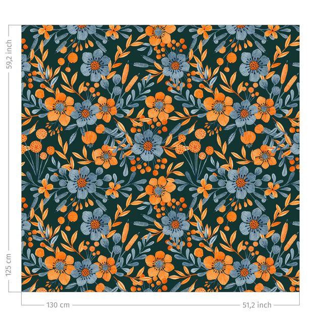 floral curtains Orange Blue Flowers On Dark Teal