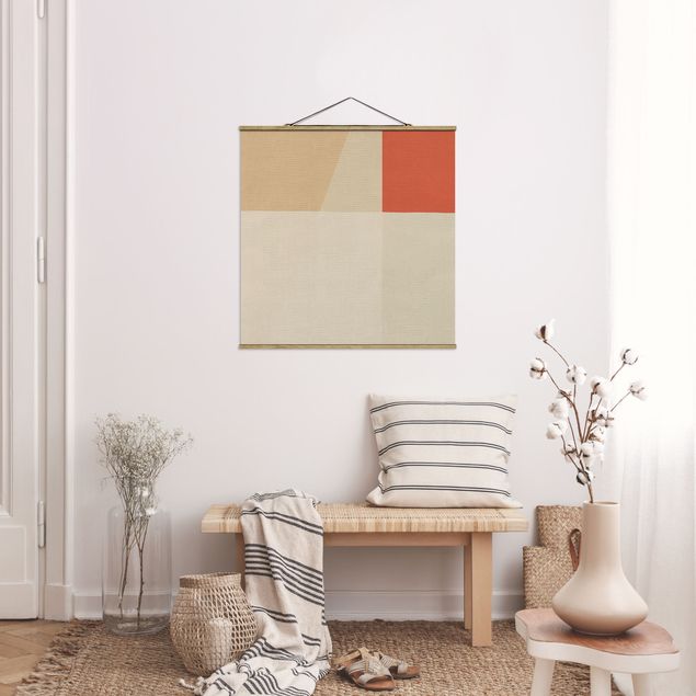 Fabric print with poster hangers - Orange Square On Beige - Square 1:1