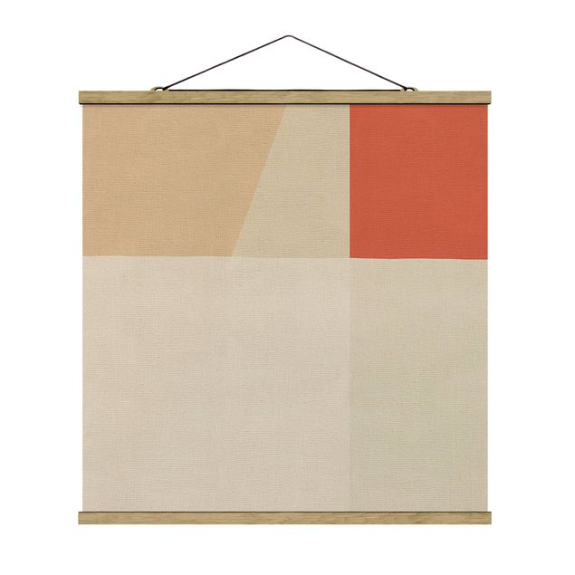 Fabric print with poster hangers - Orange Square On Beige - Square 1:1