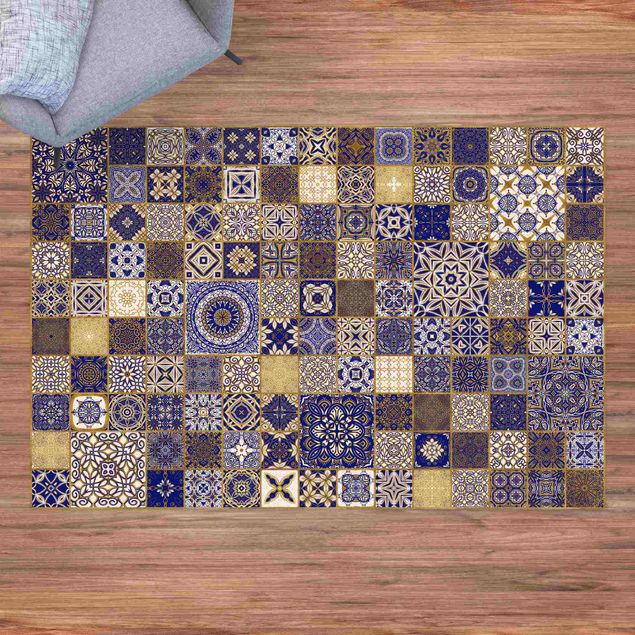 rug tile pattern Oriental Tiles Blue With Golden Shimmer