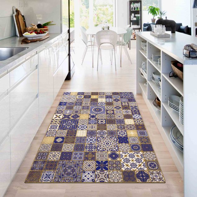 blue runner rug Oriental Tiles Blue With Golden Shimmer