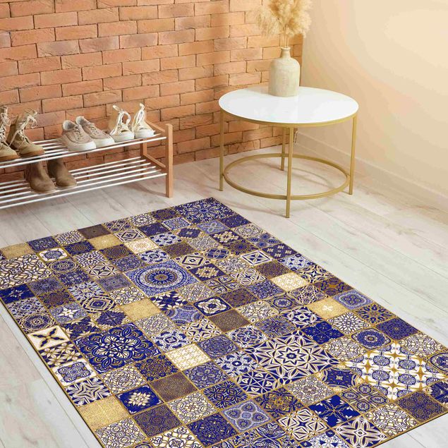 contemporary rugs Oriental Tiles Blue With Golden Shimmer