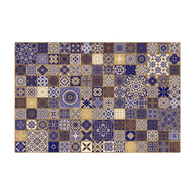 Cork mat - Oriental Tiles Blue With Golden Shimmer - Landscape format 3:2